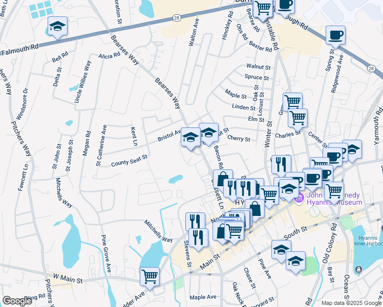 map of restaurants, bars, coffee shops, grocery stores, and more near 165 Bearses Way in Barnstable