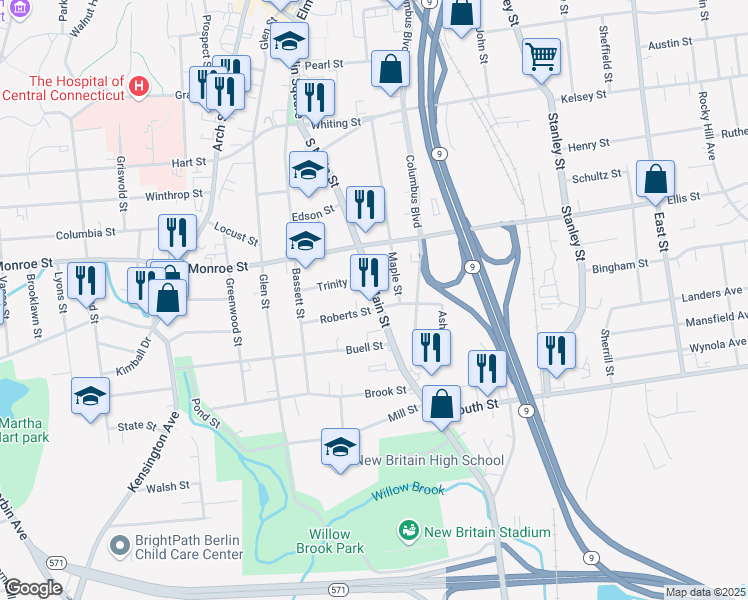 map of restaurants, bars, coffee shops, grocery stores, and more near 335 South Main Street in New Britain
