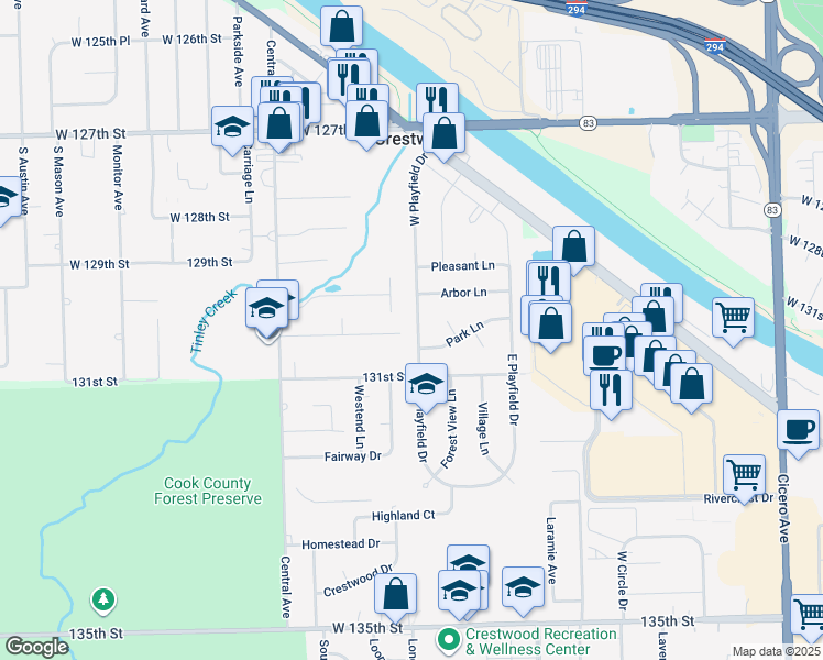map of restaurants, bars, coffee shops, grocery stores, and more near 13006 West Playfield Drive in Crestwood