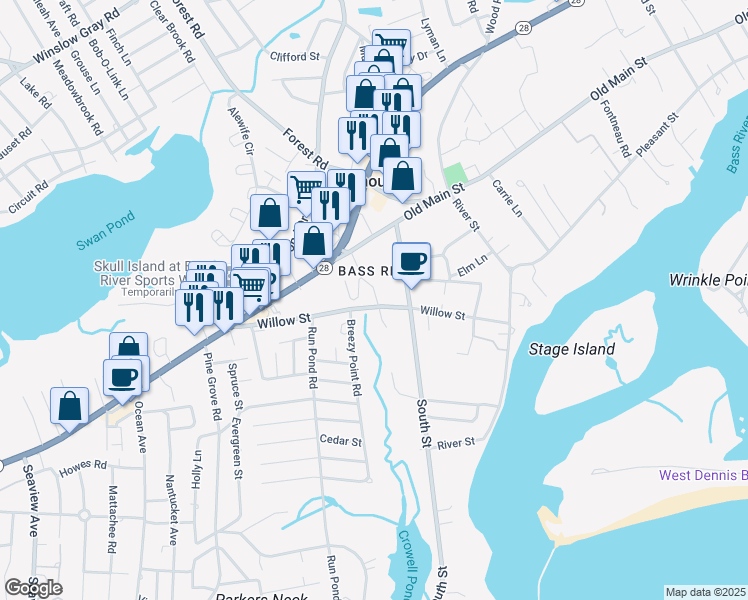 map of restaurants, bars, coffee shops, grocery stores, and more near 688 Willow Street in Yarmouth