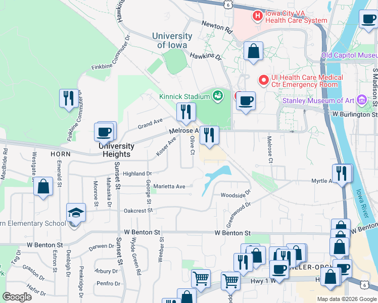 map of restaurants, bars, coffee shops, grocery stores, and more near 30 Leamer Court in Iowa City