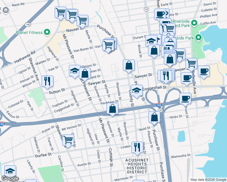map of restaurants, bars, coffee shops, grocery stores, and more near 525 Coggeshall Street in New Bedford