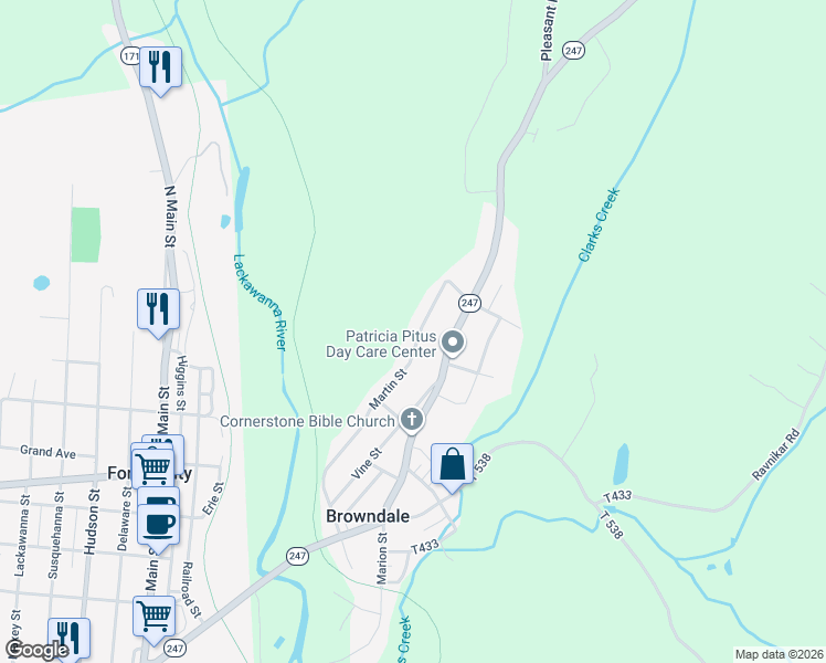 map of restaurants, bars, coffee shops, grocery stores, and more near 407 Martin Street in Forest City