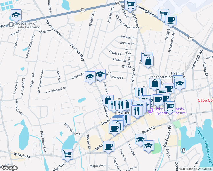 map of restaurants, bars, coffee shops, grocery stores, and more near 94 Murphy Road in Barnstable