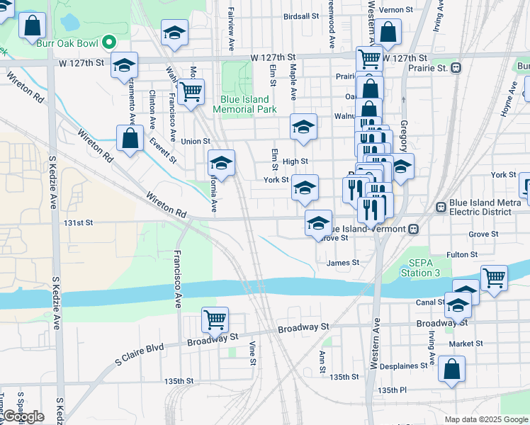 map of restaurants, bars, coffee shops, grocery stores, and more near 2657 Vermont Street in Blue Island