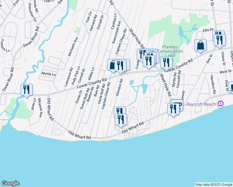map of restaurants, bars, coffee shops, grocery stores, and more near 42 Glendon Road in Dennis