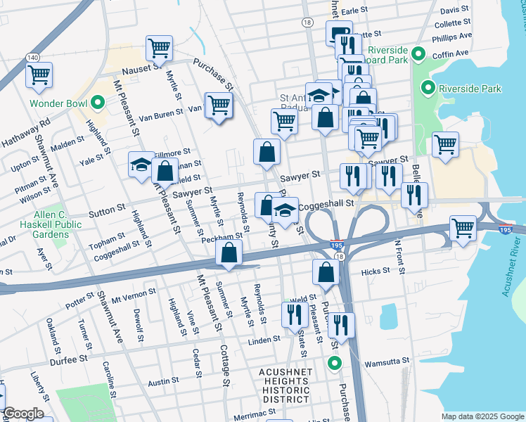 map of restaurants, bars, coffee shops, grocery stores, and more near 23 Peckham Street in New Bedford