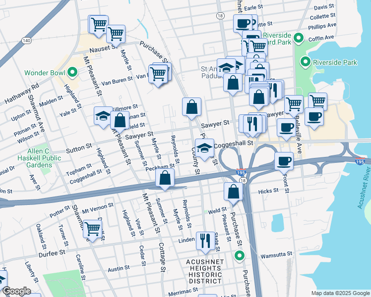 map of restaurants, bars, coffee shops, grocery stores, and more near 23 Peckham Street in New Bedford