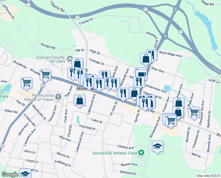 map of restaurants, bars, coffee shops, grocery stores, and more near in Monticello
