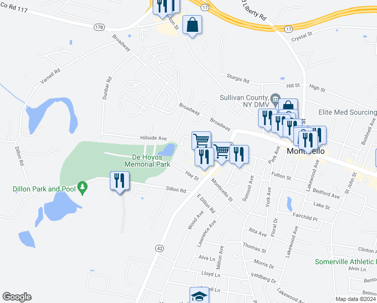map of restaurants, bars, coffee shops, grocery stores, and more near 25-31 Pine Street in Monticello