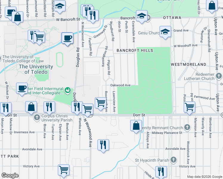 map of restaurants, bars, coffee shops, grocery stores, and more near 1520 Roosevelt Avenue in Toledo
