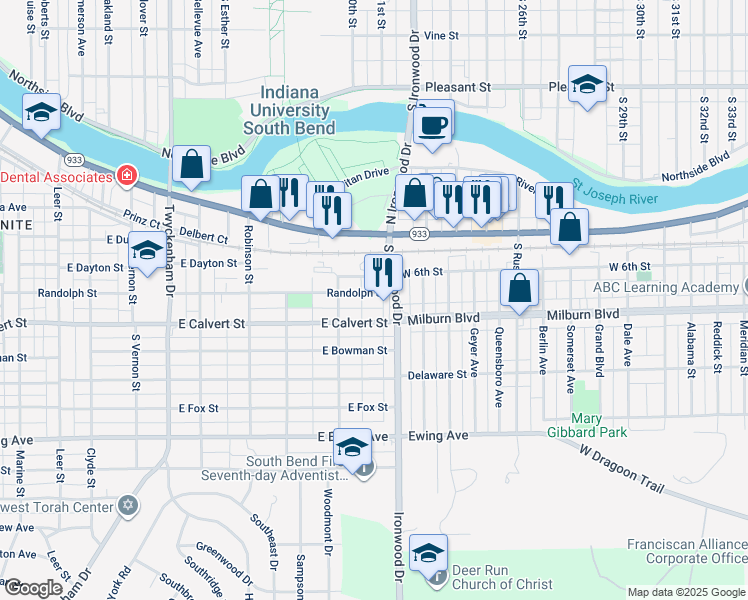 map of restaurants, bars, coffee shops, grocery stores, and more near 1933 East Calvert Street in South Bend
