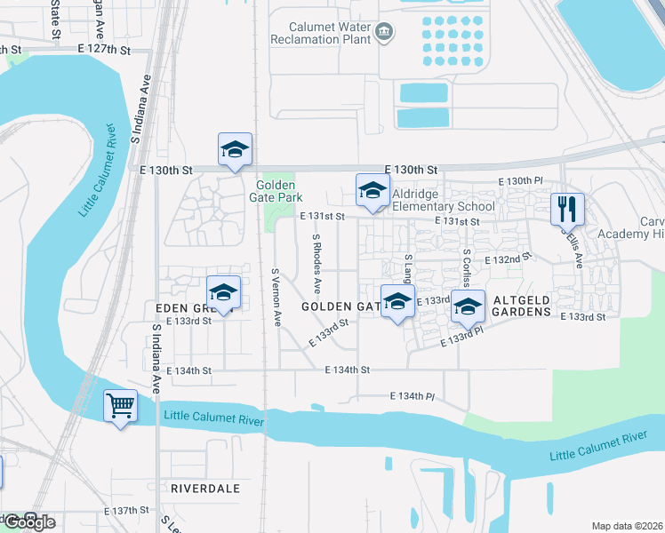 map of restaurants, bars, coffee shops, grocery stores, and more near 13213 South Rhodes Avenue in Chicago