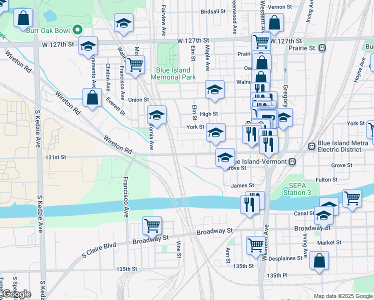 map of restaurants, bars, coffee shops, grocery stores, and more near 2657 Vermont Street in Blue Island