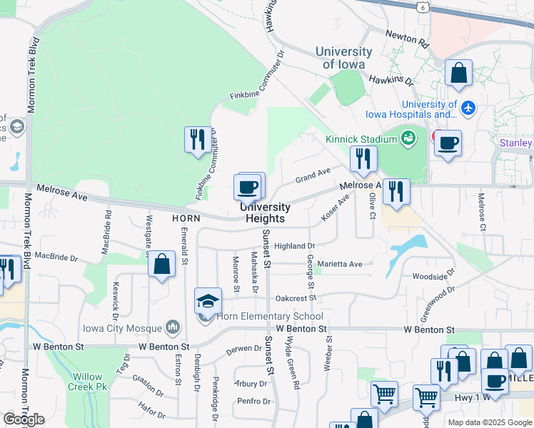 map of restaurants, bars, coffee shops, grocery stores, and more near in University Heights
