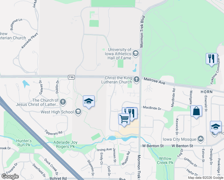 map of restaurants, bars, coffee shops, grocery stores, and more near 510 Westwinds Drive in Iowa City