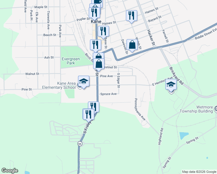 map of restaurants, bars, coffee shops, grocery stores, and more near 22 Hemlock Avenue in Kane