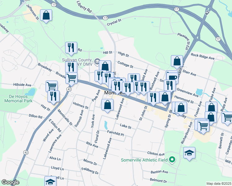 map of restaurants, bars, coffee shops, grocery stores, and more near 483 Broadway in Monticello