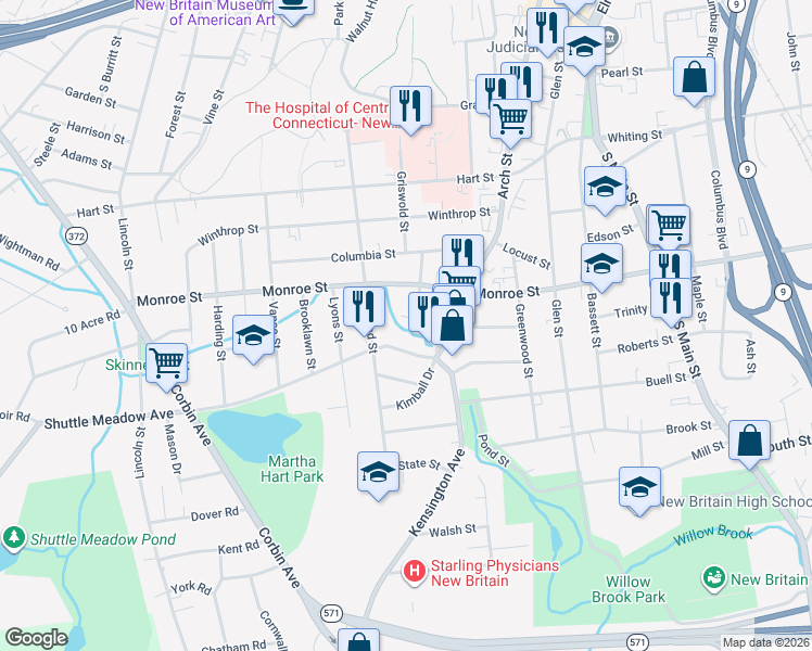 map of restaurants, bars, coffee shops, grocery stores, and more near 43 Shuttle Meadow Avenue in New Britain