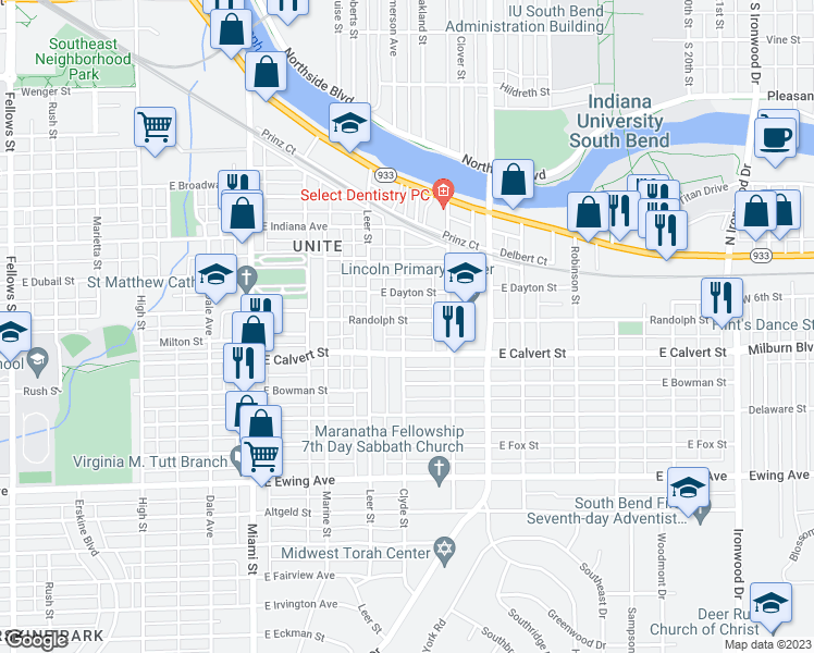 map of restaurants, bars, coffee shops, grocery stores, and more near 1332 Randolph Street in South Bend