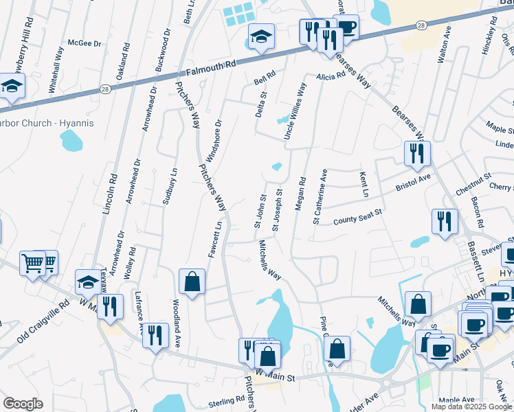 map of restaurants, bars, coffee shops, grocery stores, and more near 37 Saint John Street in Barnstable