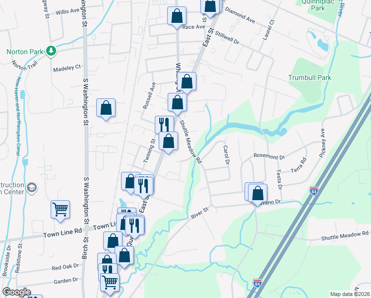 map of restaurants, bars, coffee shops, grocery stores, and more near 2 Riverview Drive in Plainville