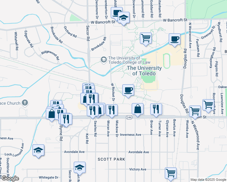 map of restaurants, bars, coffee shops, grocery stores, and more near 1828 West Rocket Drive in Toledo