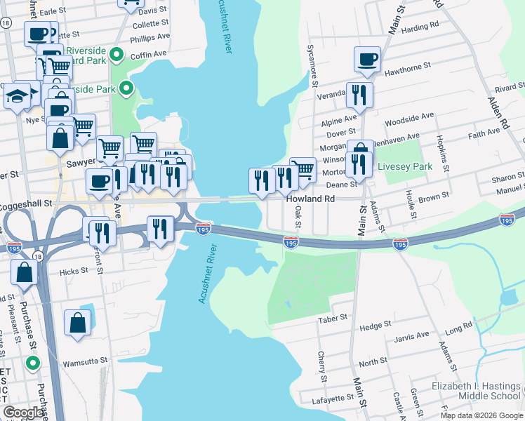 map of restaurants, bars, coffee shops, grocery stores, and more near Interstate 195 in Fairhaven
