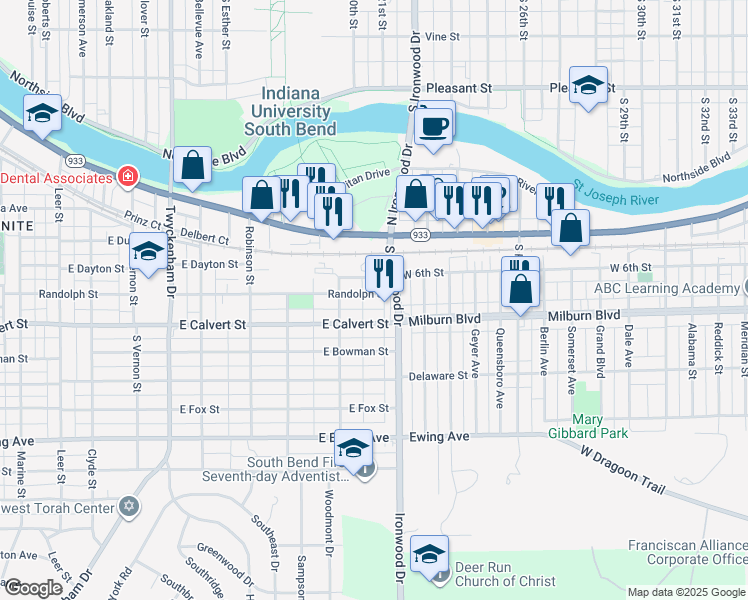 map of restaurants, bars, coffee shops, grocery stores, and more near 1933 East Calvert Street in South Bend