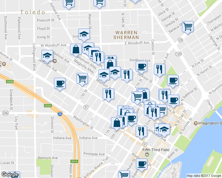 map of restaurants, bars, coffee shops, grocery stores, and more near Madison Ave & 14th St in Toledo
