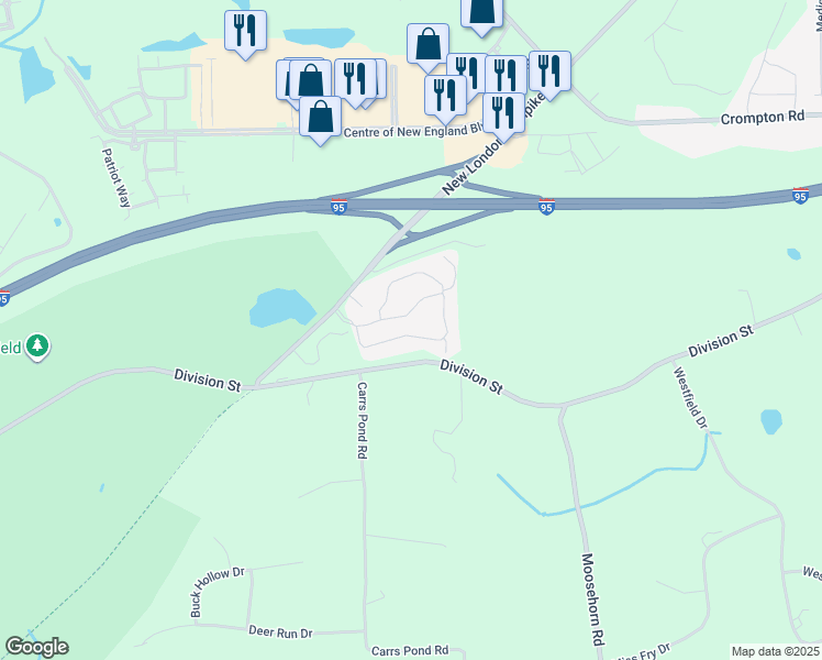 map of restaurants, bars, coffee shops, grocery stores, and more near 20 Pine Grove Lane in West Greenwich