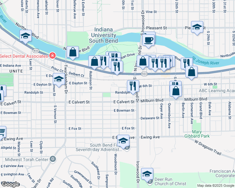 map of restaurants, bars, coffee shops, grocery stores, and more near 1847 East Calvert Street in South Bend