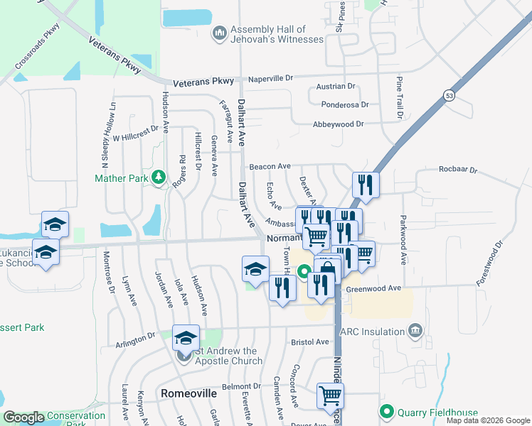 map of restaurants, bars, coffee shops, grocery stores, and more near 115 Ambassador Avenue in Romeoville