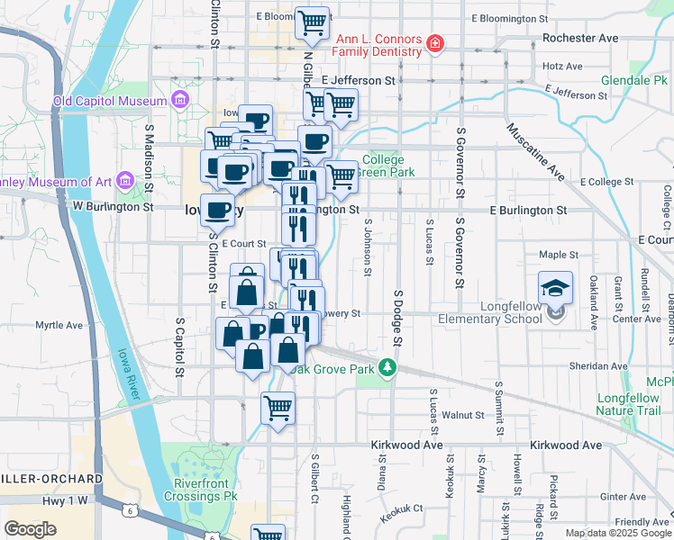 map of restaurants, bars, coffee shops, grocery stores, and more near South Van Buren Street in Iowa City