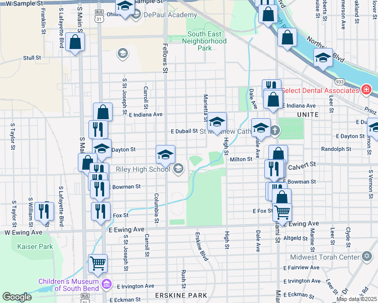 map of restaurants, bars, coffee shops, grocery stores, and more near 602 East Dayton Street in South Bend