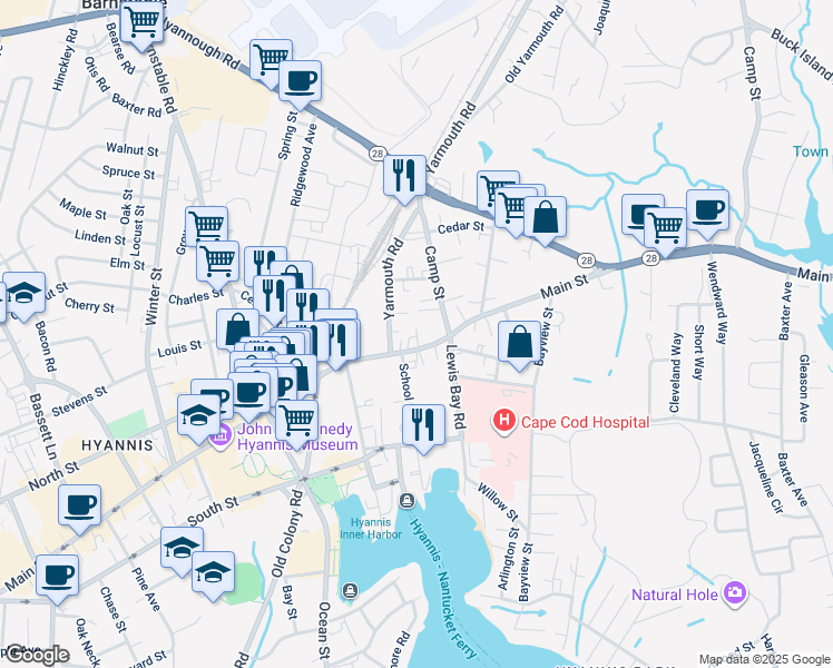 map of restaurants, bars, coffee shops, grocery stores, and more near 163 Main Street in Barnstable
