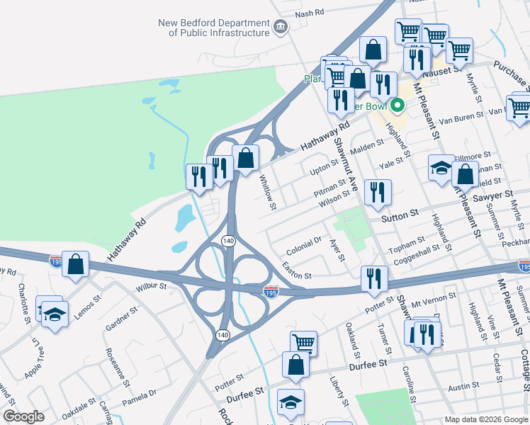 map of restaurants, bars, coffee shops, grocery stores, and more near 260 Pitman Street in New Bedford