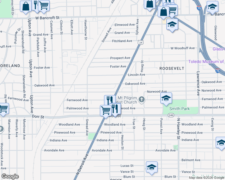 map of restaurants, bars, coffee shops, grocery stores, and more near 1406 Fernwood Avenue in Toledo