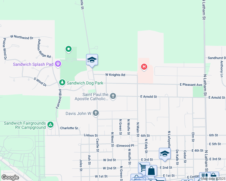 map of restaurants, bars, coffee shops, grocery stores, and more near 1006 Spruce Street in Sandwich