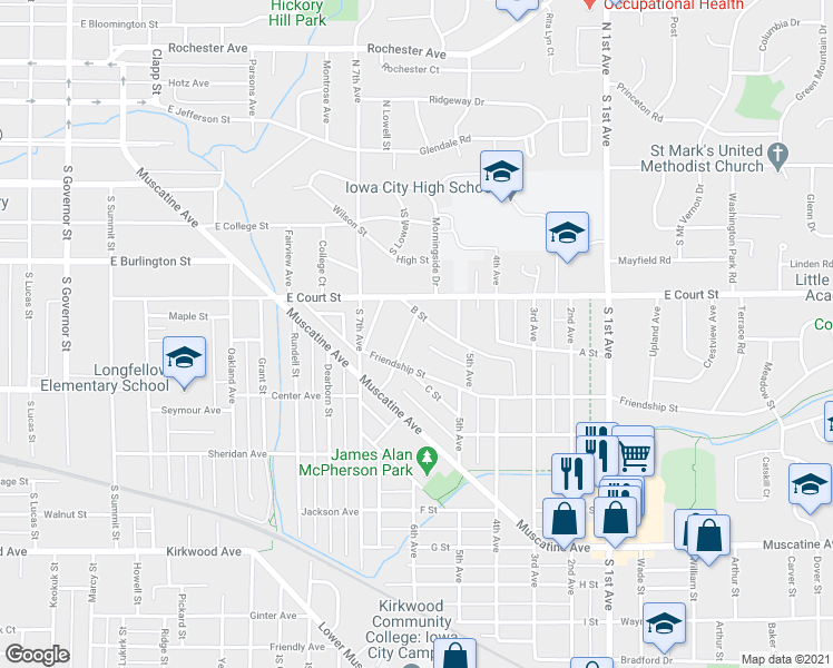 map of restaurants, bars, coffee shops, grocery stores, and more near 1830 Friendship Street in Iowa City
