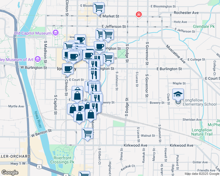 map of restaurants, bars, coffee shops, grocery stores, and more near 516 South Van Buren Street in Iowa City