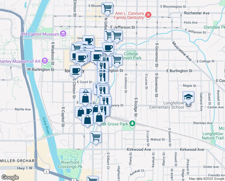 map of restaurants, bars, coffee shops, grocery stores, and more near 516 South Van Buren Street in Iowa City