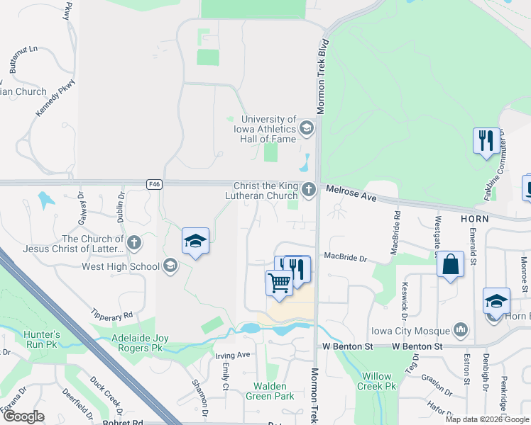map of restaurants, bars, coffee shops, grocery stores, and more near 2606 Bartelt Road in Iowa City
