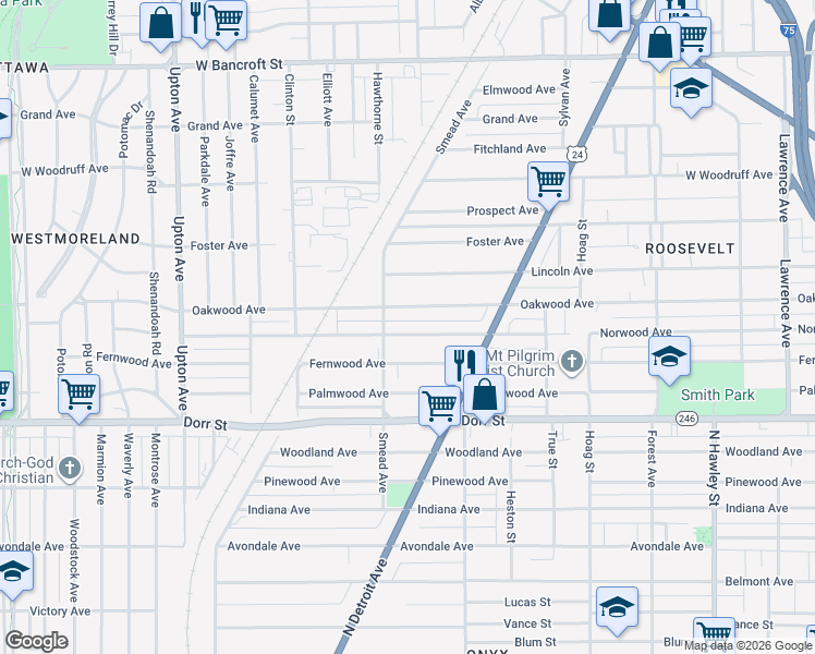 map of restaurants, bars, coffee shops, grocery stores, and more near 1524 Fernwood Avenue in Toledo