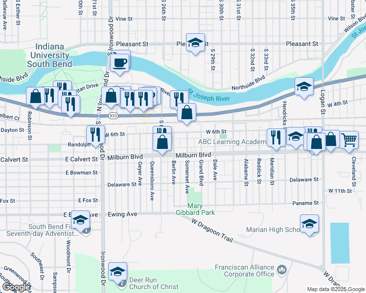 map of restaurants, bars, coffee shops, grocery stores, and more near 702 Somerset Avenue in Mishawaka