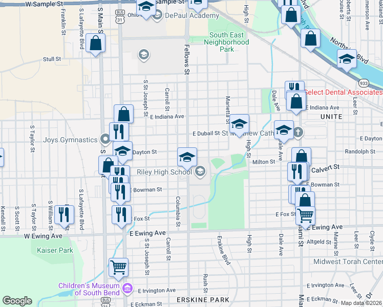 map of restaurants, bars, coffee shops, grocery stores, and more near in South Bend
