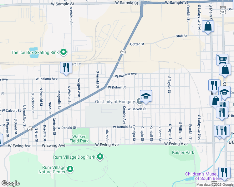 map of restaurants, bars, coffee shops, grocery stores, and more near 1817 South Douglas Street in South Bend