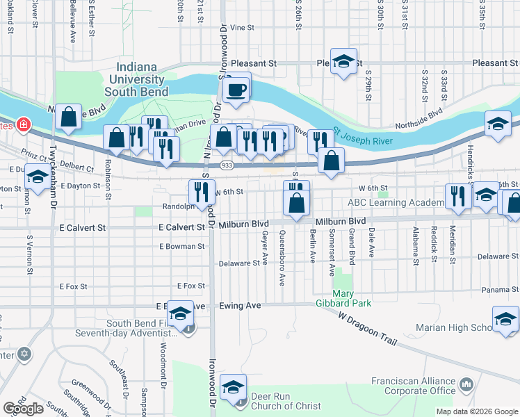 map of restaurants, bars, coffee shops, grocery stores, and more near 706 Geyer Avenue in Mishawaka