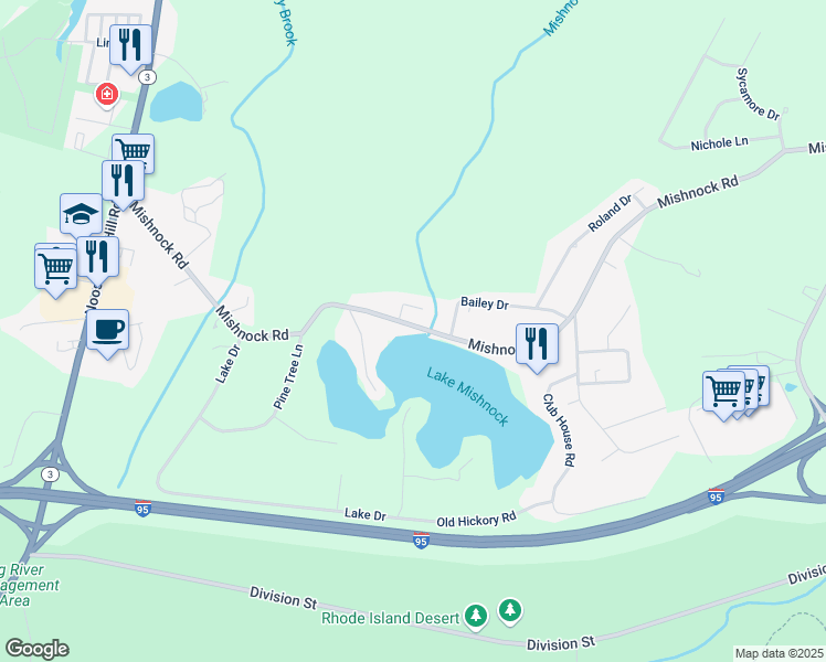 map of restaurants, bars, coffee shops, grocery stores, and more near 260B Mishnock Rd in West Greenwich