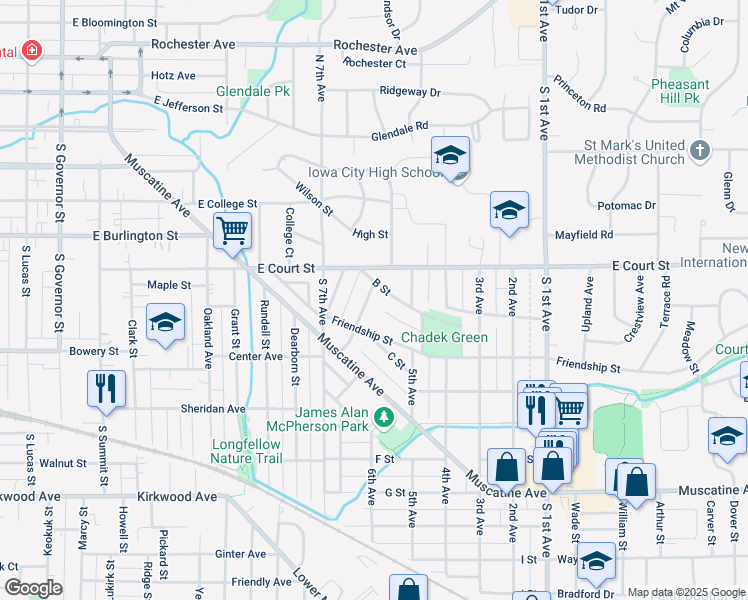 map of restaurants, bars, coffee shops, grocery stores, and more near 1830 Friendship Street in Iowa City